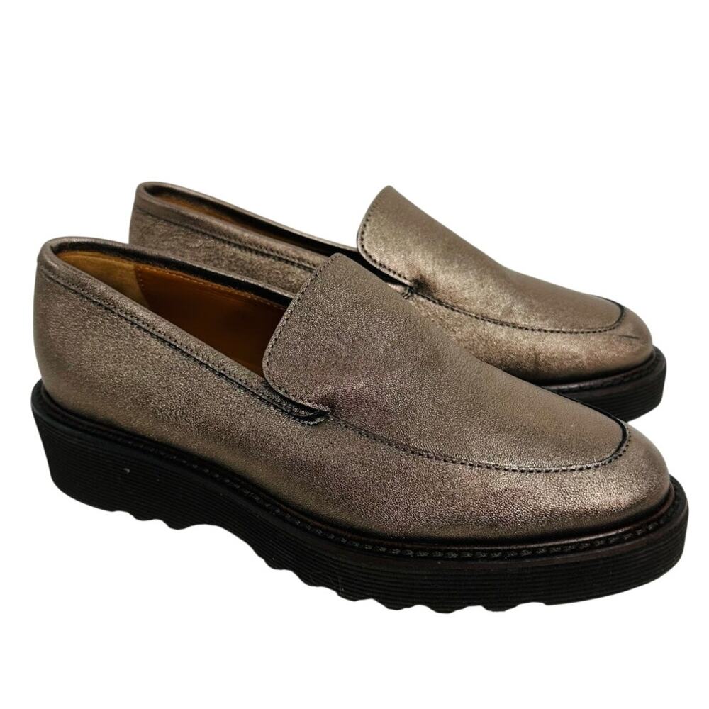 Aquatalia Kelsey Metallic Pewter Suede Platform Loafers Size 5